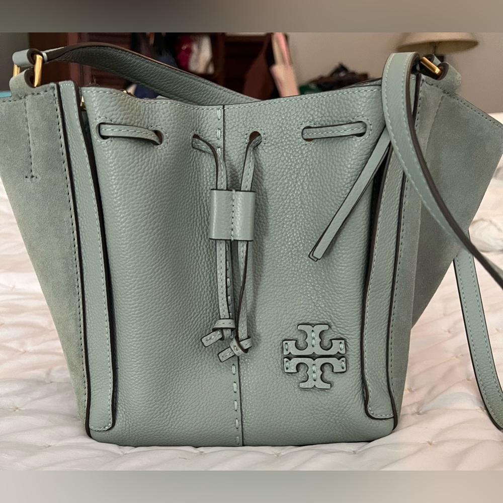 Tory Burch McGraw drawstring satchel in Blue Celadon NWT